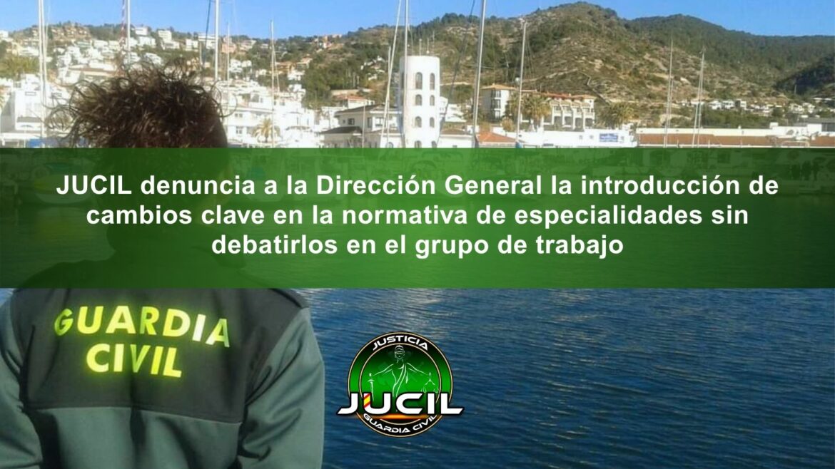 Logotipo de JUCIL con fondo institucional, representación de la balanza de la justicia y símbolos de la Guardia Civil