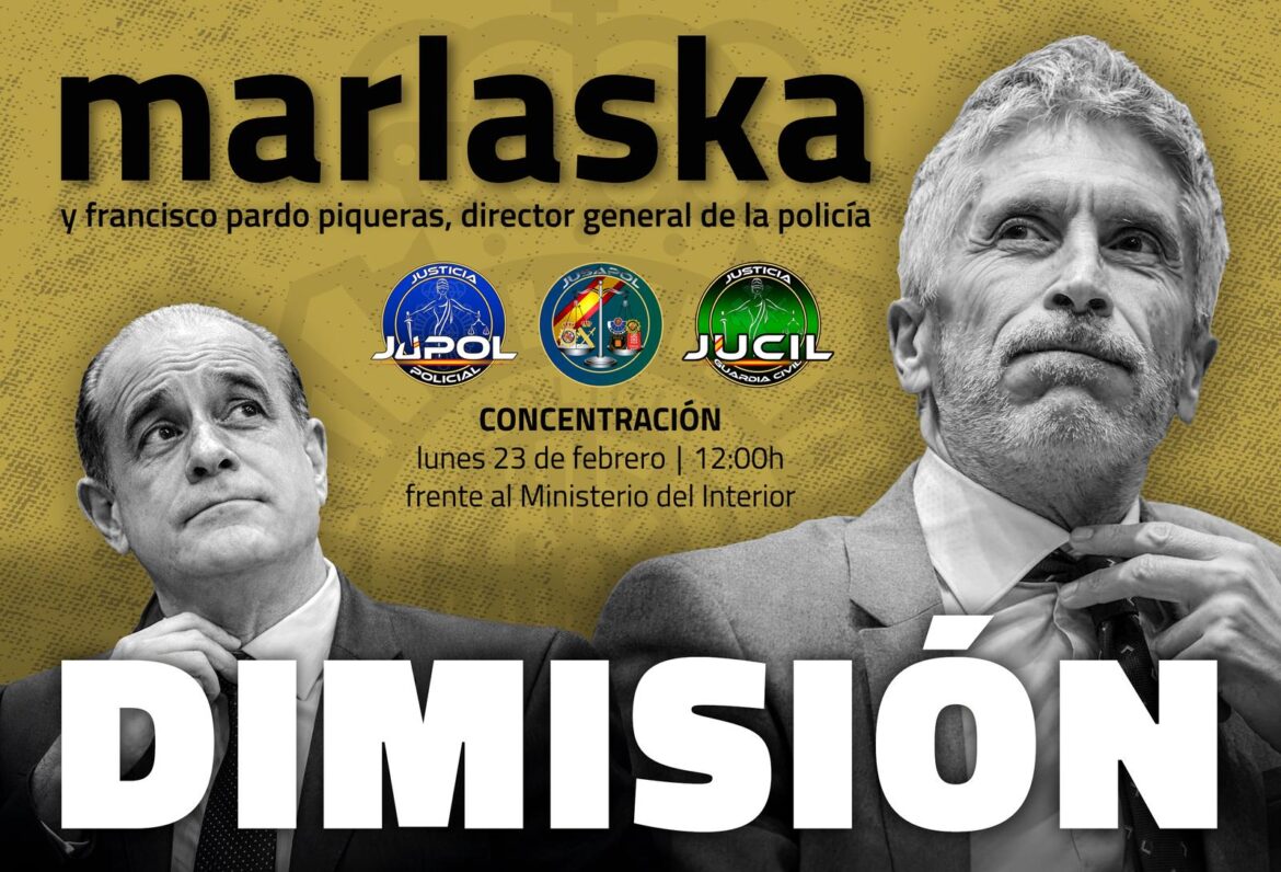 Cartel de la concentración del 23 de febrero a las 12:00h frente al Ministerio del Interior convocada por JUPOL y JUCIL exigiendo la dimisión de Marlaska y Francisco Pardo, Director General de la Policía.